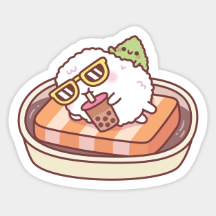 Funny Sushi Rice Chilling On A Salmon Pool Float With Wasabi Sticker